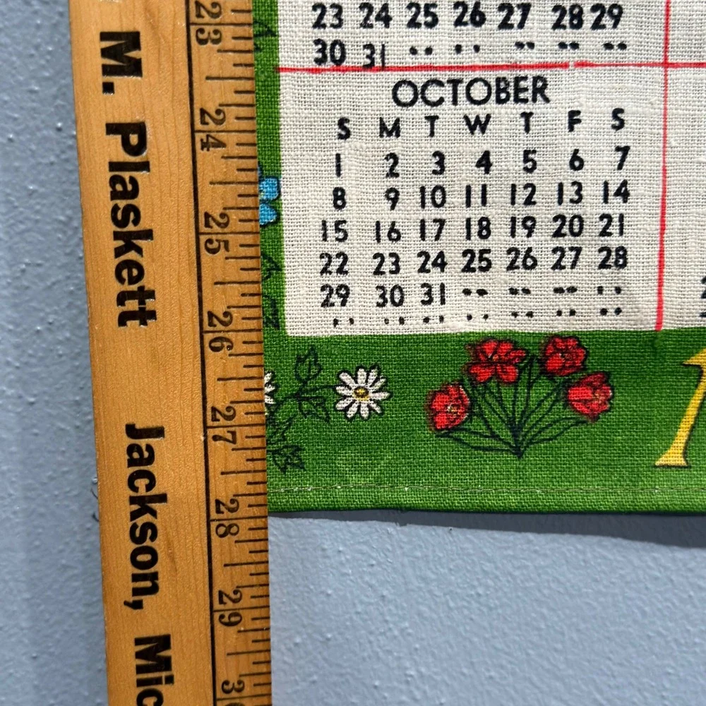Vintage 1972 Linen Calendar Tea Towel Wall Hanging Bless This House Green 16x28